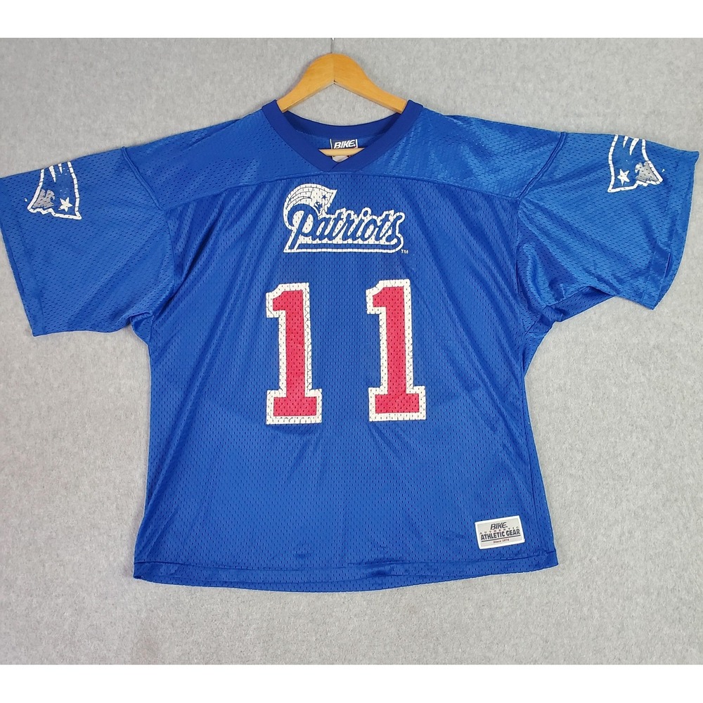Vintage 90s New England Patriots Jersey Mens XL Blue NFL Bike #11 Drew Bledsoe